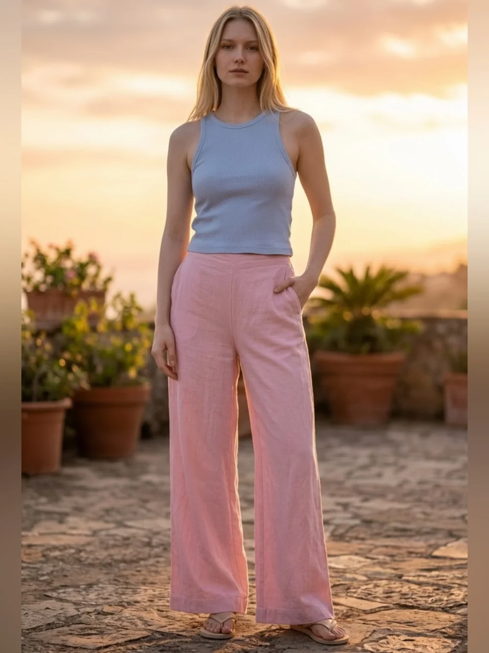 Free People Light Pink Linen-Blend Wide Leg Pants Size XS
